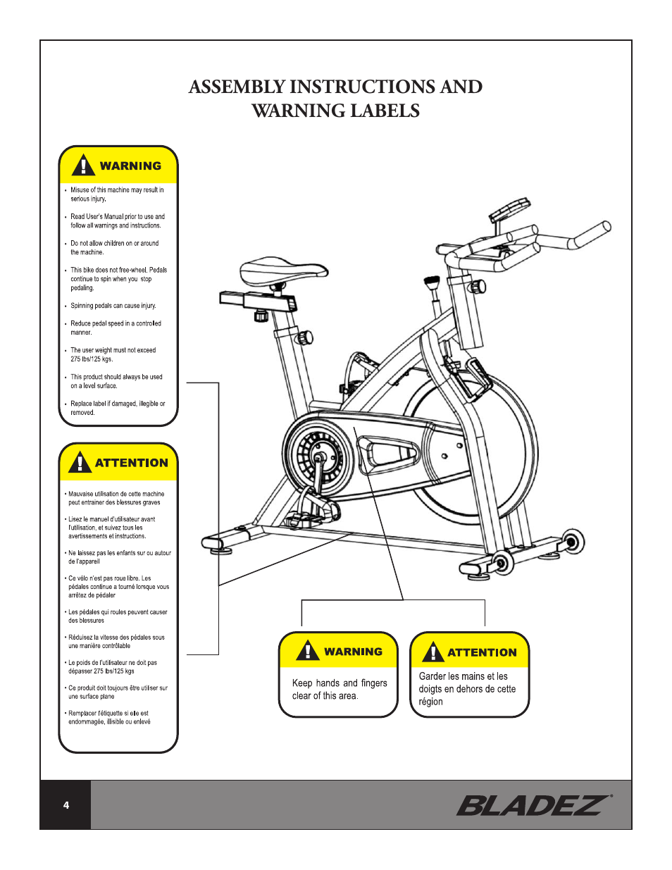 Assembly instructions and warning labels | Bladez Fitness Fusion GS Indoor Cycle User Manual | Page 4 / 22