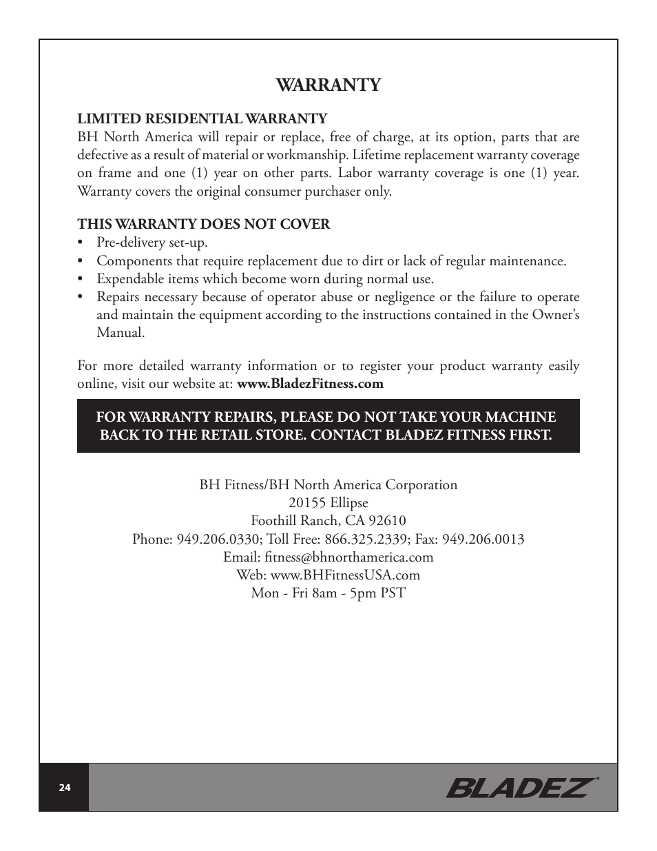 Warranty | Bladez Fitness Master GS Indoor Cycle User Manual | Page 24 / 24