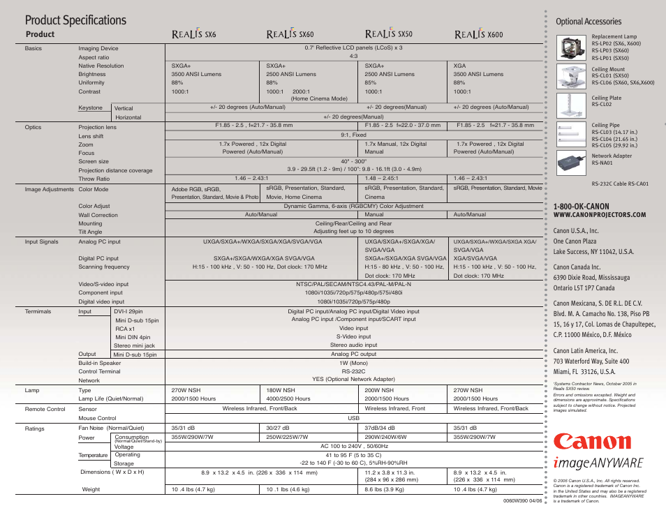 Product specifications, Optional accessories, Product | Canon Projectors User Manual | Page 12 / 12