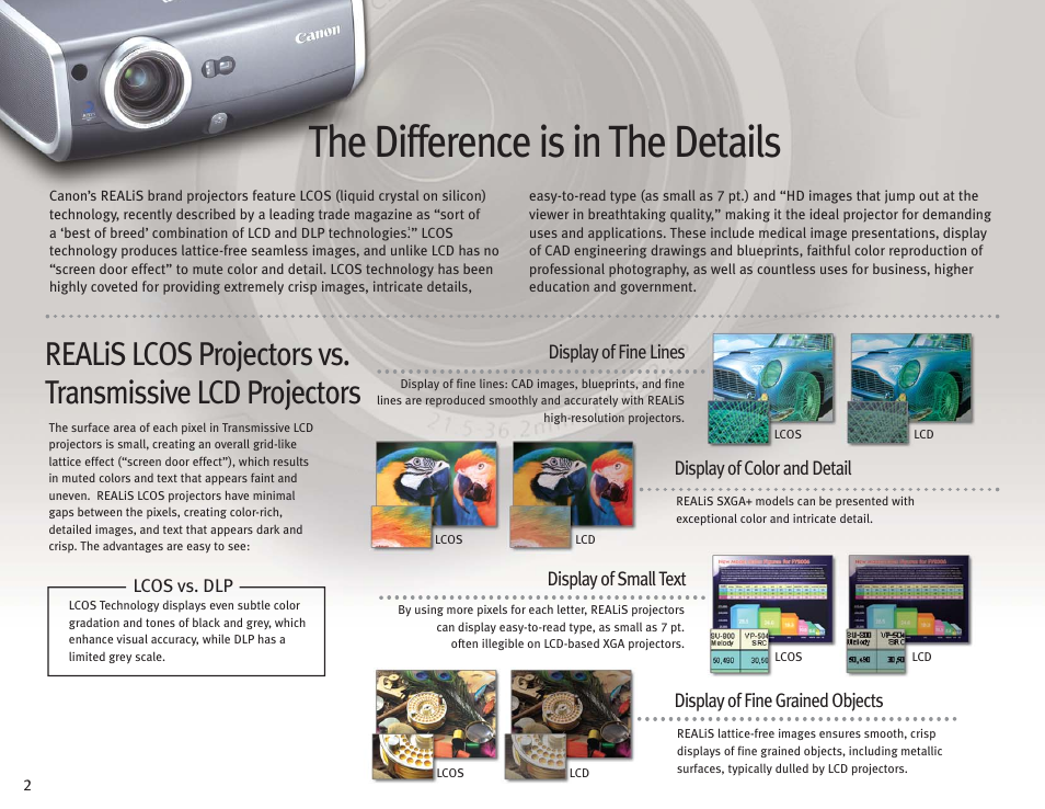 The difference is in the details, Display of fine lines, Display of color and detail | Display of small text, Display of fine grained objects | Canon Projectors User Manual | Page 2 / 12