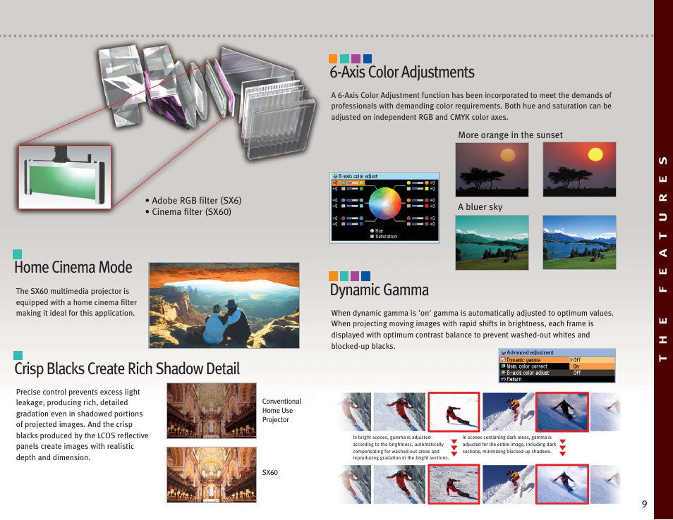 Home cinema mode, Crisp blacks create rich shadow detail, Dynamic gamma | Axis color adjustments | Canon Projectors User Manual | Page 9 / 12