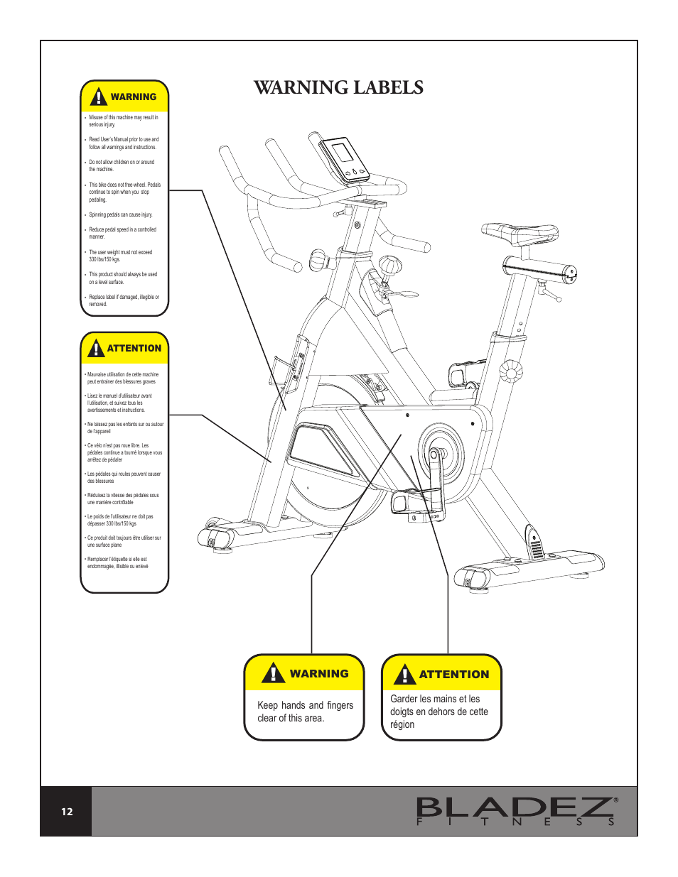 Warning labels, Keep hands and fingers clear of this area, Warning | Attention | Bladez Fitness Synchro GS Indoor Cycle User Manual | Page 12 / 24