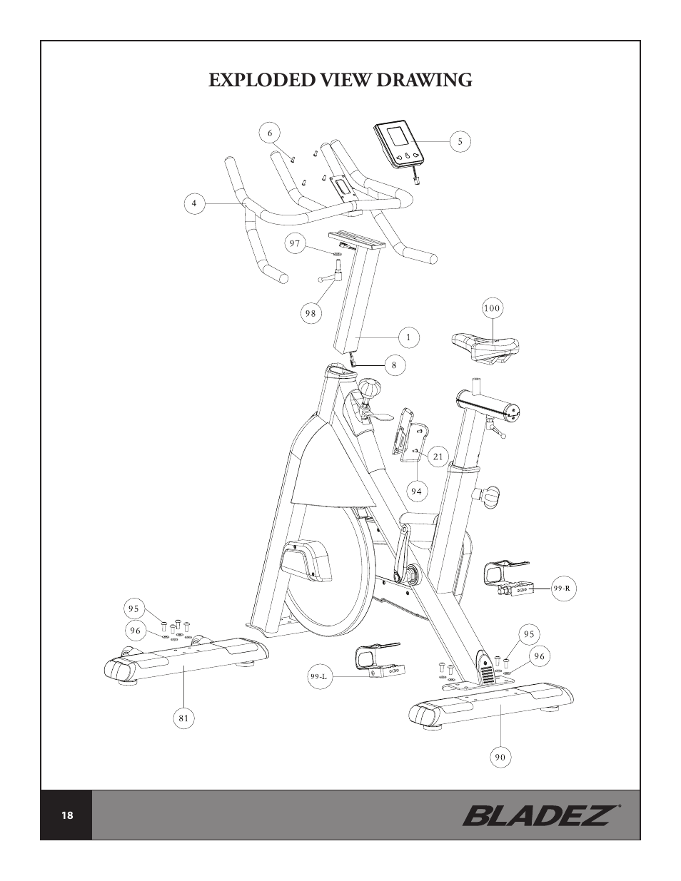 Exploded view drawing | Bladez Fitness Synchro GS Indoor Cycle User Manual | Page 18 / 24