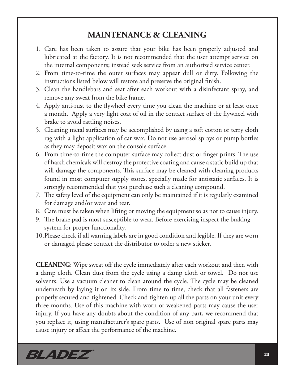 Maintenance & cleaning | Bladez Fitness Synchro GS Indoor Cycle User Manual | Page 23 / 24