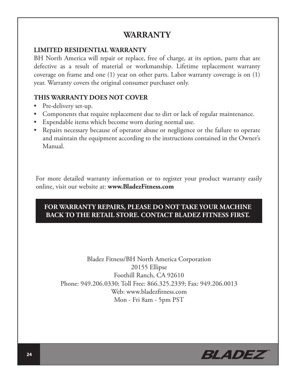 Warranty | Bladez Fitness Synchro GS Indoor Cycle User Manual | Page 24 / 24