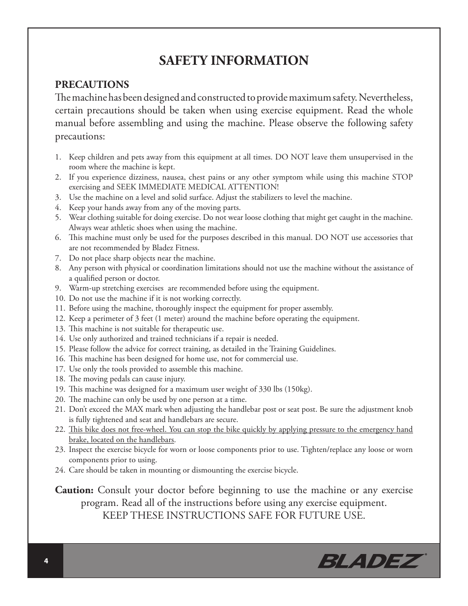 Safety information | Bladez Fitness Synchro GS Indoor Cycle User Manual | Page 4 / 24