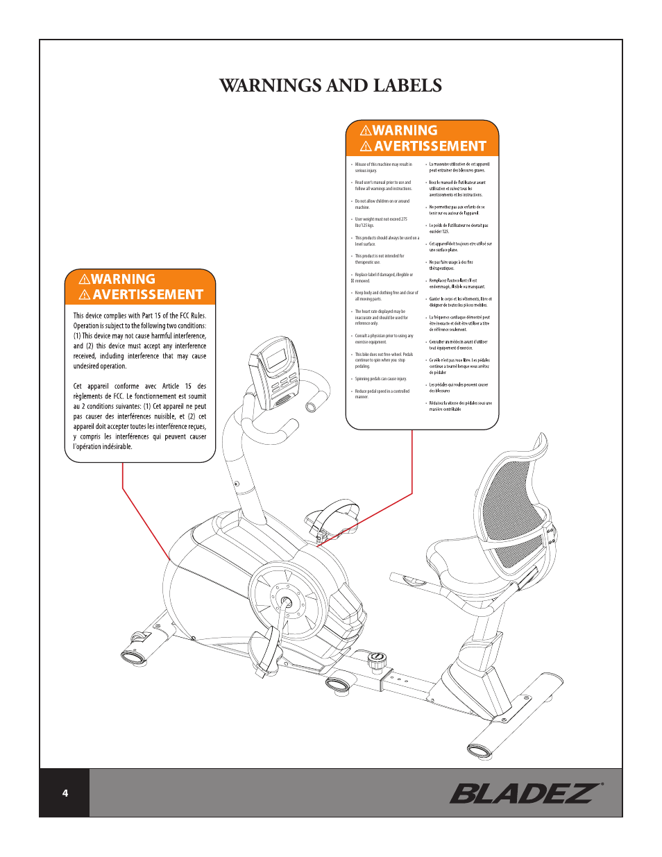 Warnings and labels | Bladez Fitness R300 Recumbent Bike User Manual | Page 4 / 36