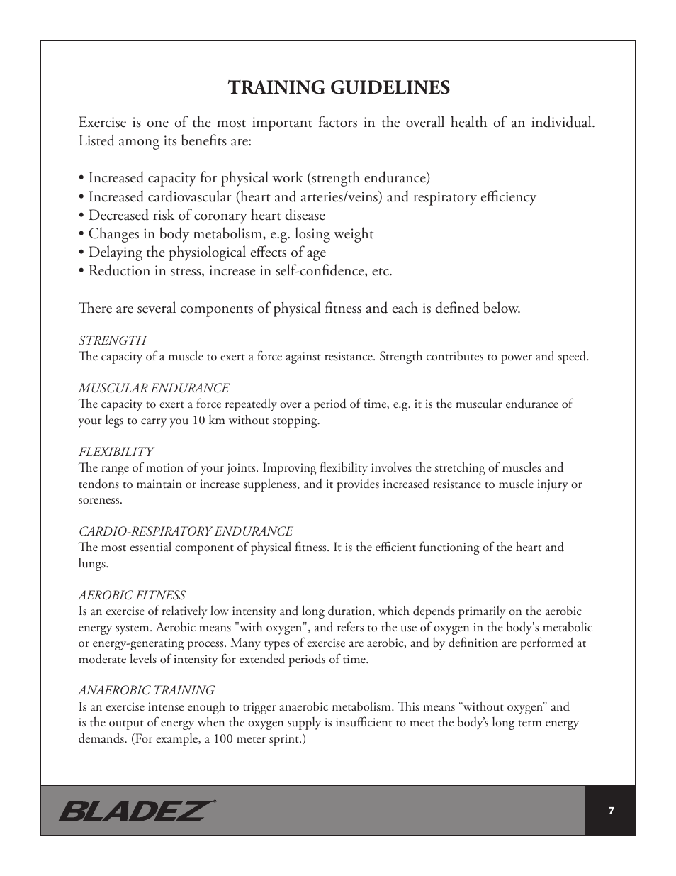 Training guidelines | Bladez Fitness R300 Recumbent Bike User Manual | Page 7 / 36