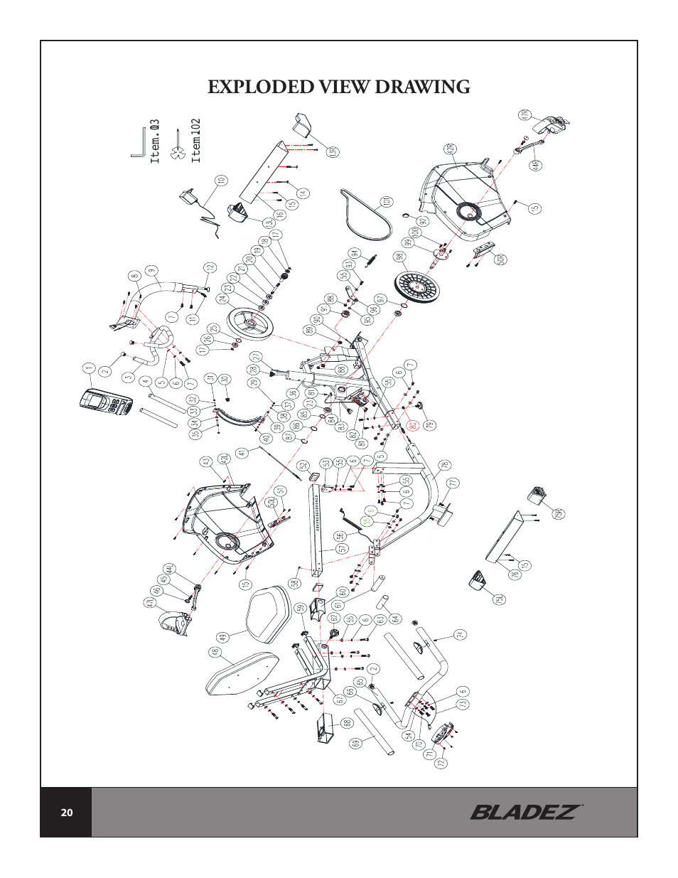 Exploded view drawing | Bladez Fitness R400 Recumbent Bike User Manual | Page 20 / 36