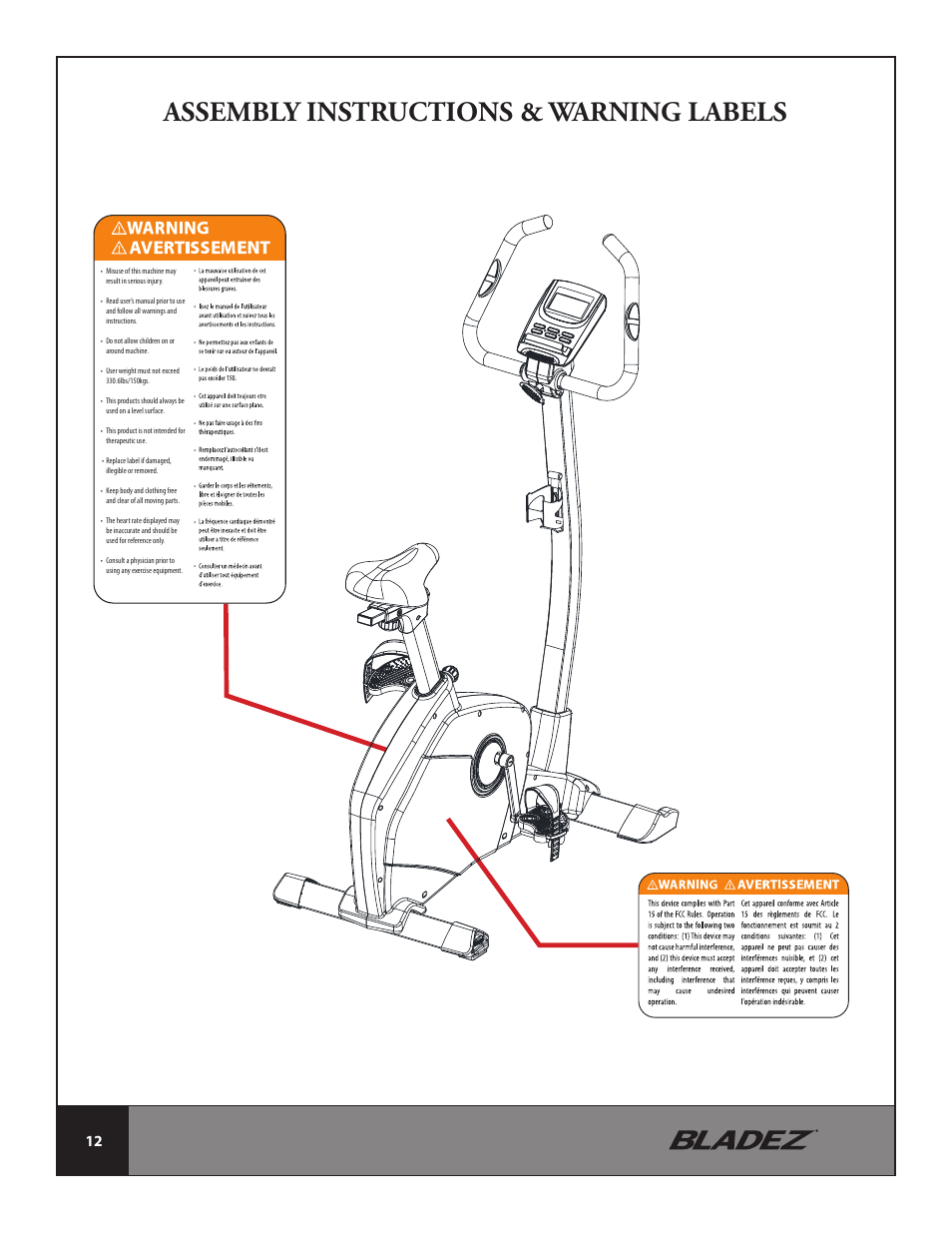 Assembly instructions & warning labels | Bladez Fitness U400 Upright Bike User Manual | Page 12 / 33