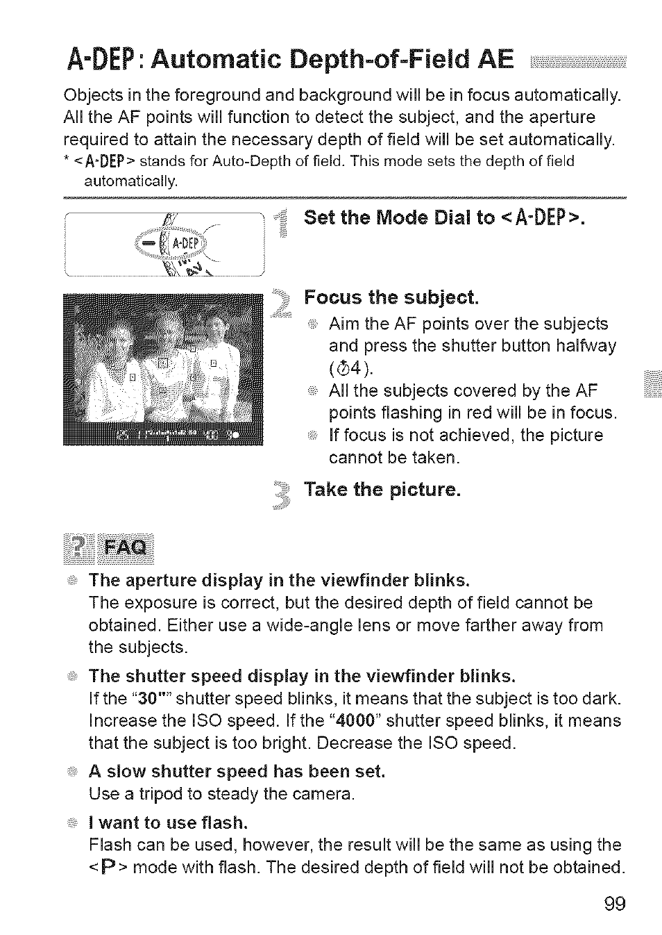 A-dep: automatic depth-of-field ae, Mode dial to, Focus | Subject, Take the picture. faq | Canon EOS 1100 D User Manual | Page 10 / 112
