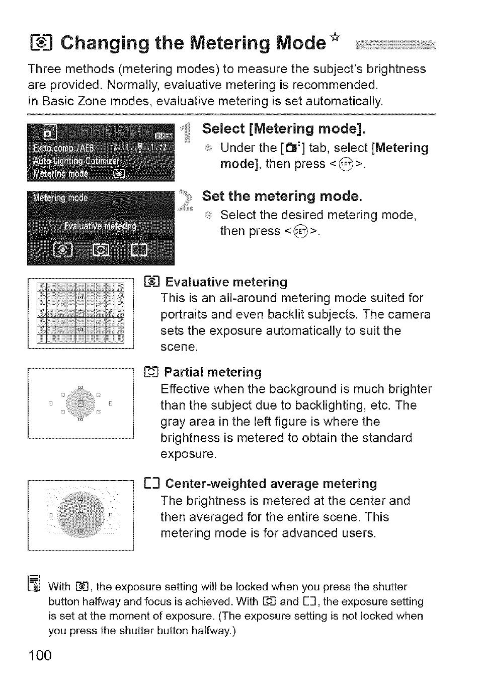 U changing the metering mode, E3 partial metering, Select [metering mode | Set the metering mode | Canon EOS 1100 D User Manual | Page 11 / 112