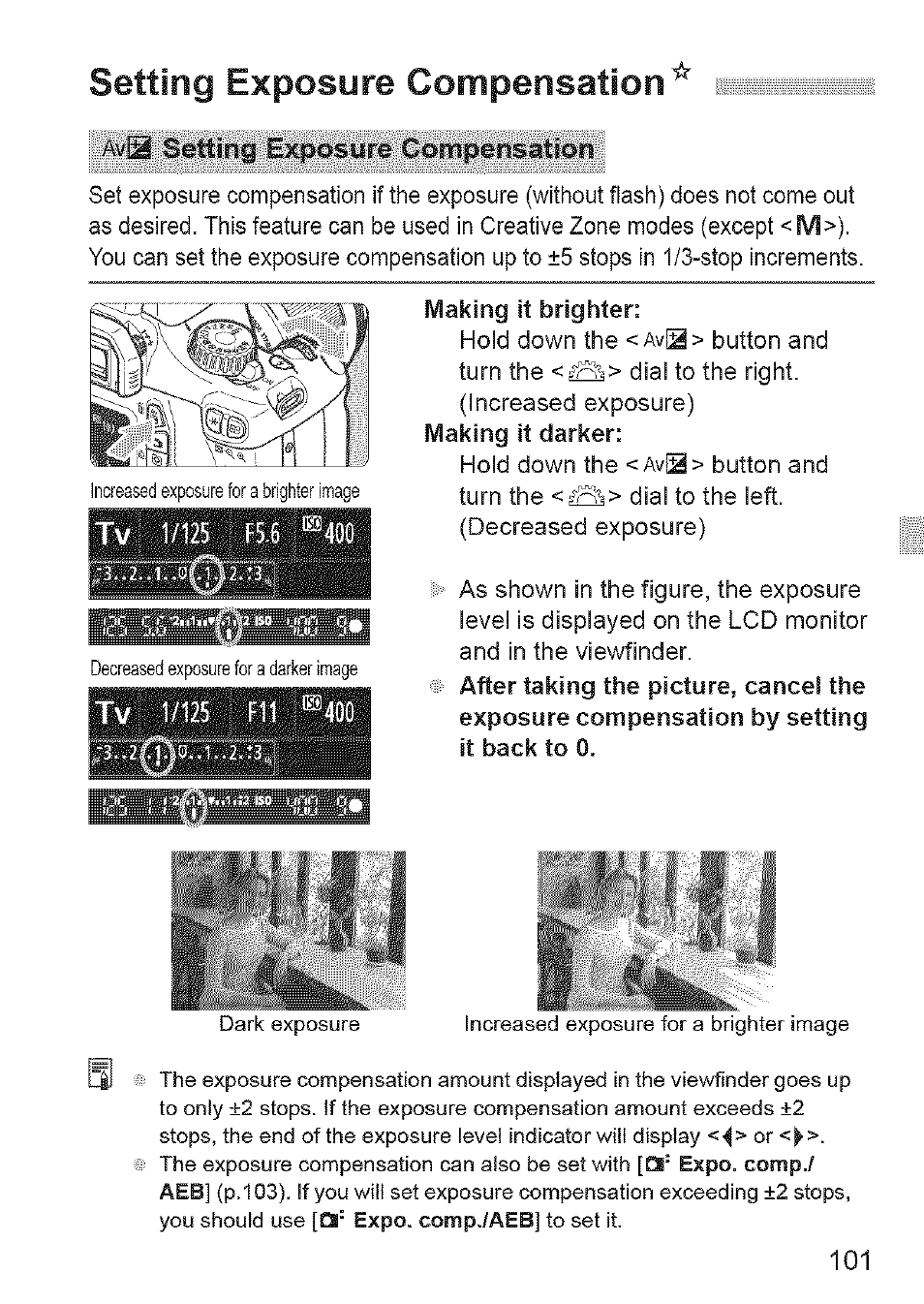 Setting exposure compensation | Canon EOS 1100 D User Manual | Page 12 / 112