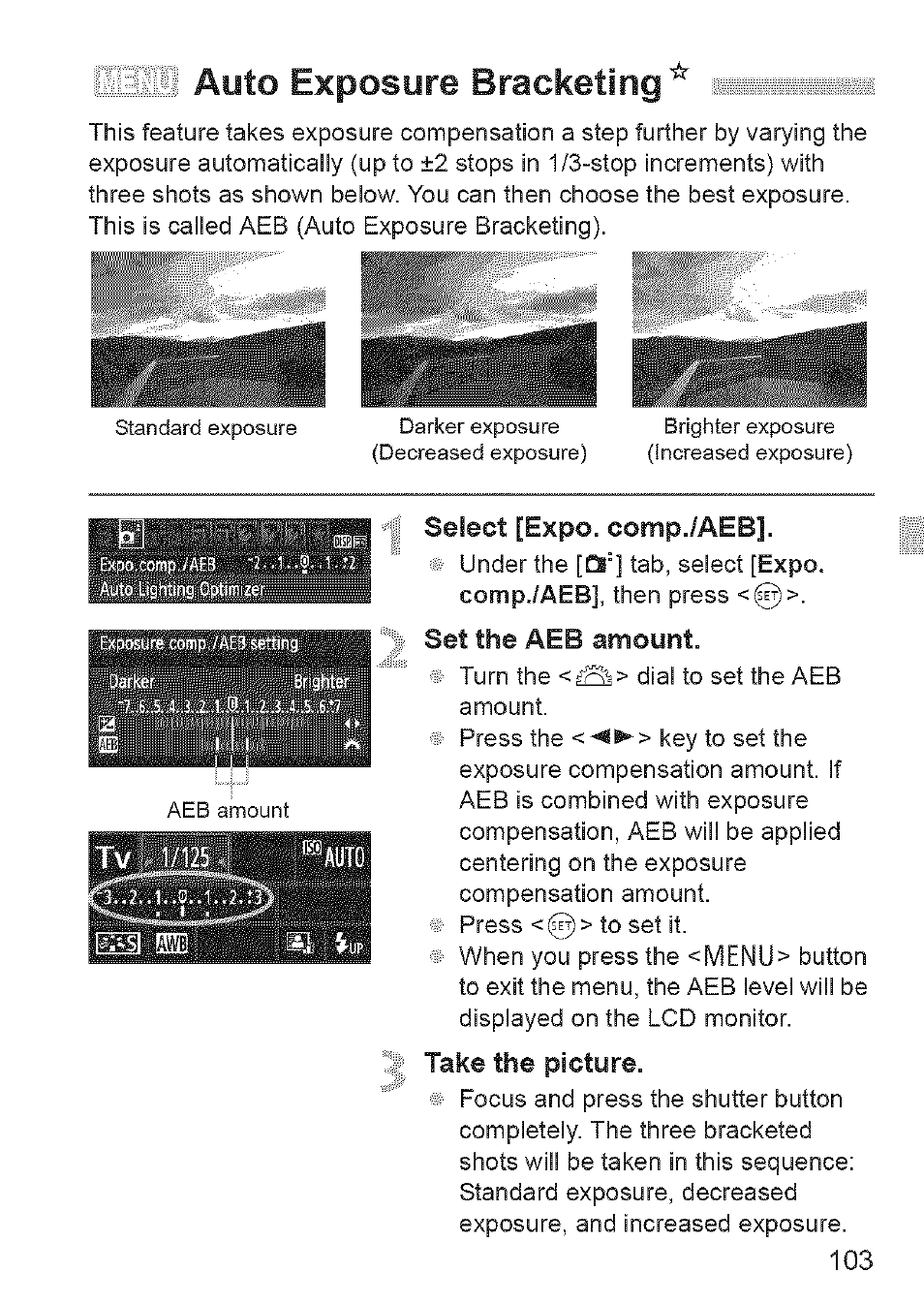Auto exposure bracketing, Select [expo. comp./aeb, Set the aeb amount | Take, Picture | Canon EOS 1100 D User Manual | Page 14 / 112