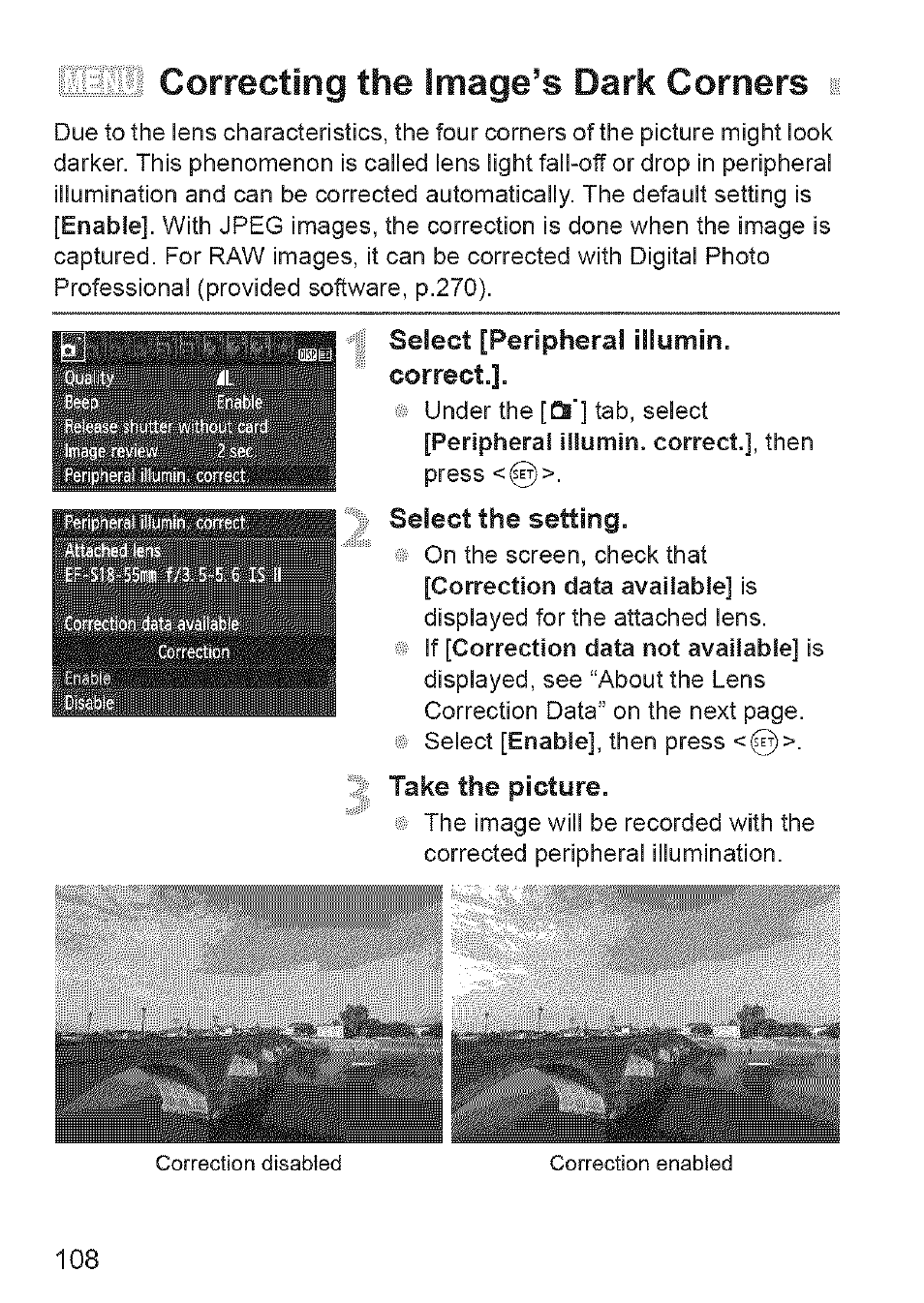 Correcting the image’s dark corners, Select [peripheral illumin. correct, Select the setting | Take, Picture | Canon EOS 1100 D User Manual | Page 19 / 112