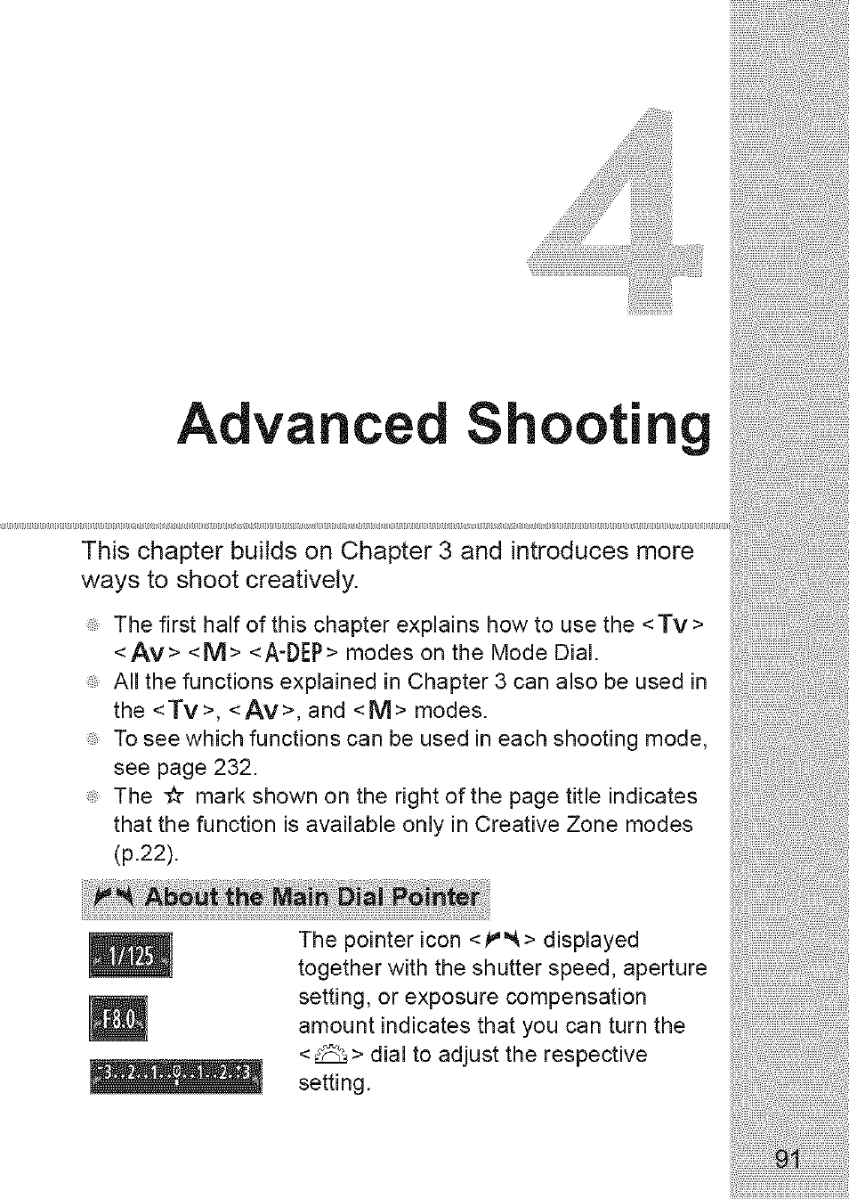 Advanced shooting, Tv> < av> <m> <a-dep, About the main | Pointer | Canon EOS 1100 D User Manual | Page 2 / 112