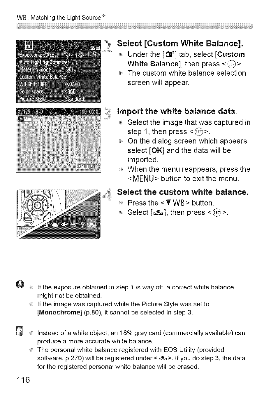 1^; select [custom white balance, Import the white balance data, Select the custom white balance | Canon EOS 1100 D User Manual | Page 27 / 112