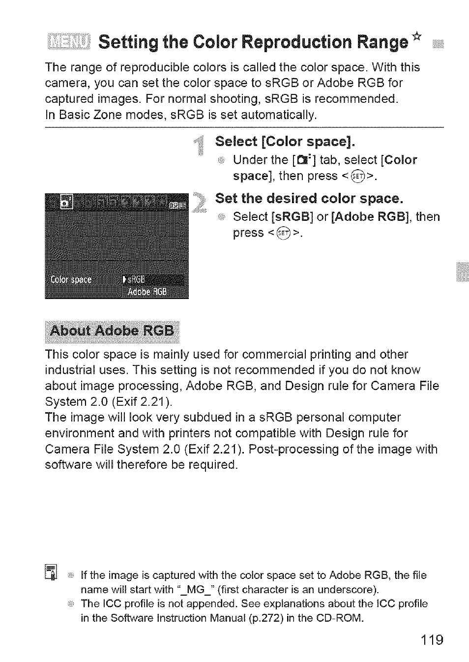 Setting the color reproduction range, Select [color space, Set the desired color space | About adobe rgb | Canon EOS 1100 D User Manual | Page 30 / 112