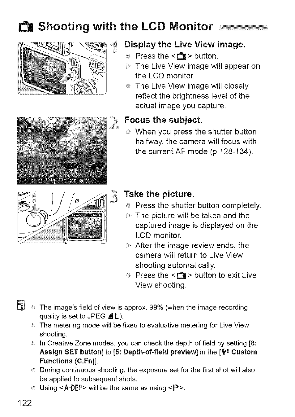 O shooting with the lcd monitor, Bdisplay, Live view image | Focus the subject, Take the picture | Canon EOS 1100 D User Manual | Page 33 / 112