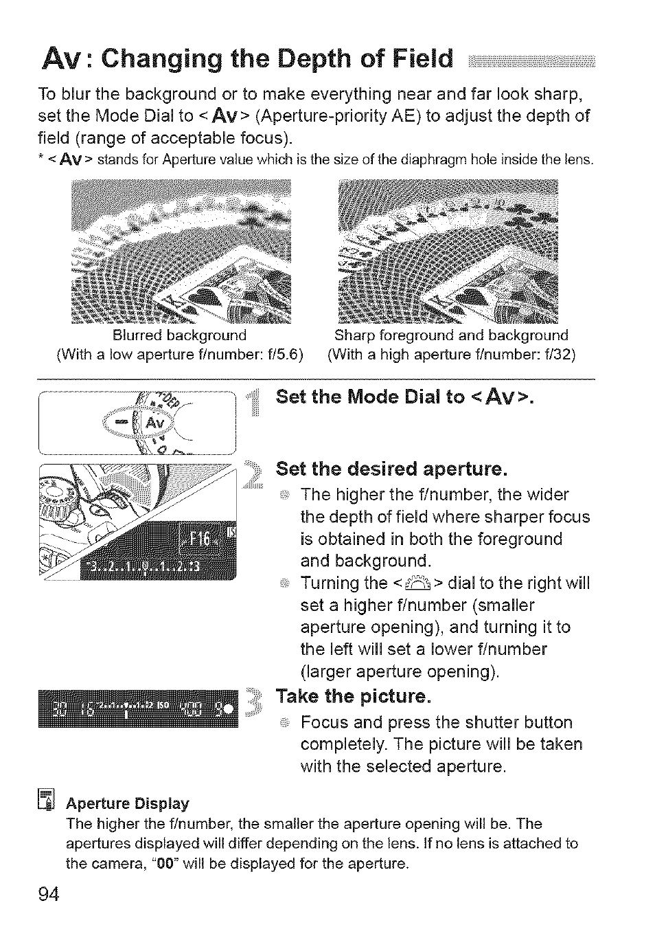 Av: changing the depth of field, Mode dial to <av>. set the desired aperture, Take | Picture | Canon EOS 1100 D User Manual | Page 5 / 112