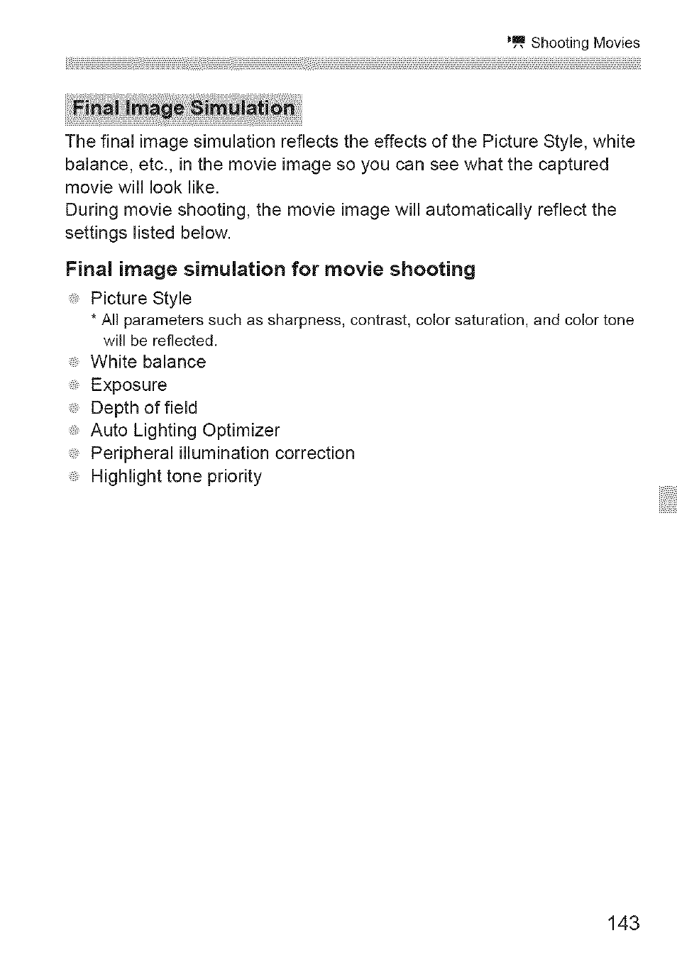 Final image simulation, Final image simulation for movie shooting | Canon EOS 1100 D User Manual | Page 54 / 112