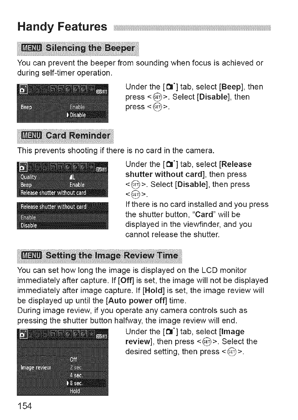 Handy features, The beeper, Card reminder | Ithifin setting the image review time | Canon EOS 1100 D User Manual | Page 65 / 112