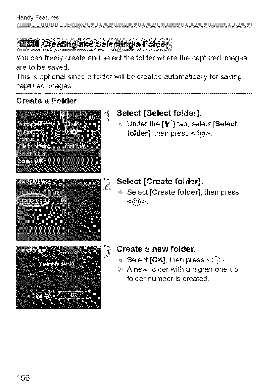 Ithifin creating and selecting a folder, Create a folder select [select folder, Select [create folder | Create a new folder | Canon EOS 1100 D User Manual | Page 67 / 112