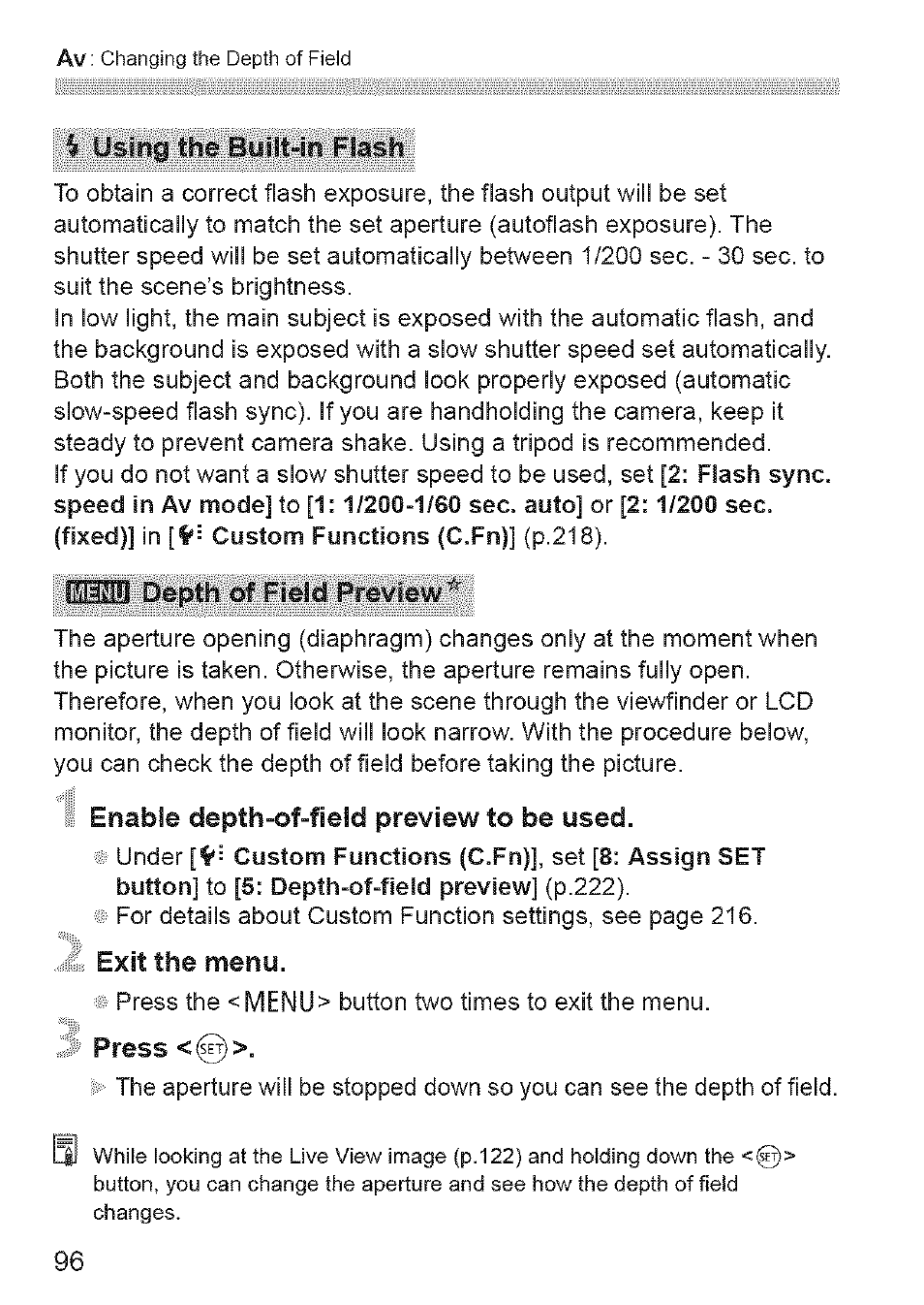 Using the built-in flash, Nmn depth of field preview, Depth-of-field preview to be used | Exit the menu | Canon EOS 1100 D User Manual | Page 7 / 112