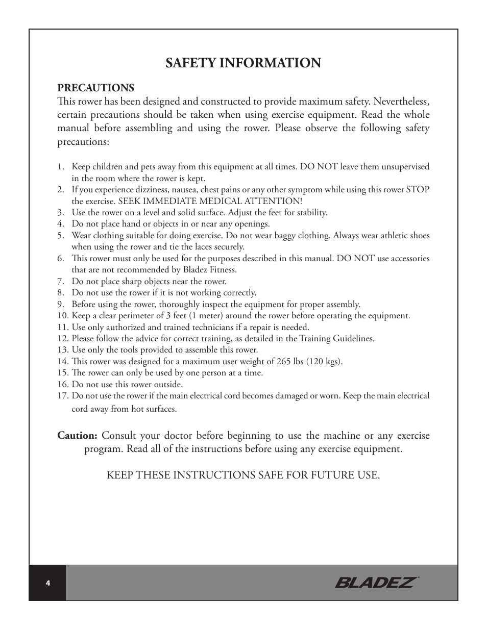 Safety information | Bladez Fitness Cascade Rower User Manual | Page 4 / 26