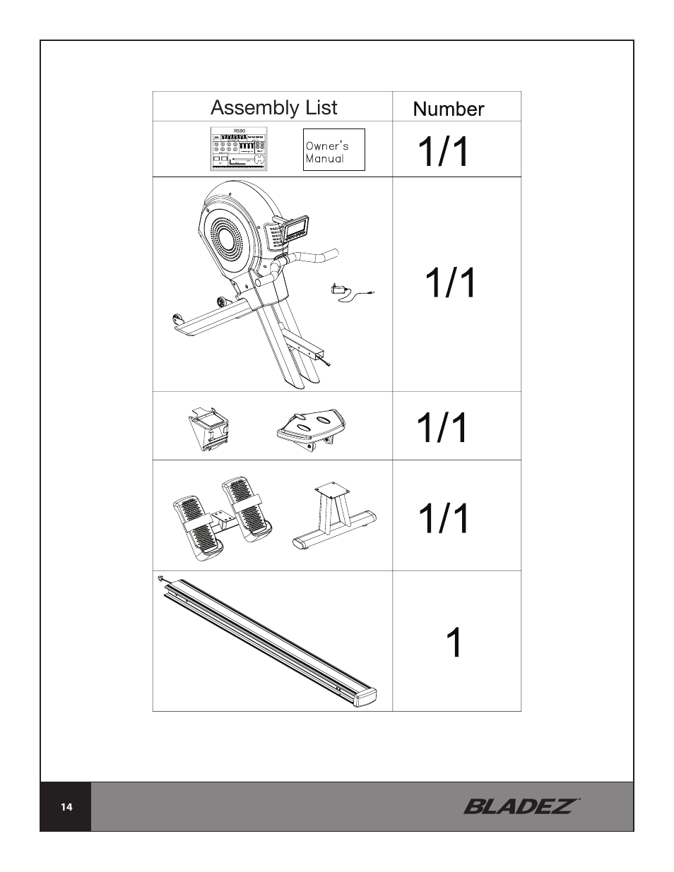 Assembly list | Bladez Fitness Transom Rower User Manual | Page 14 / 32