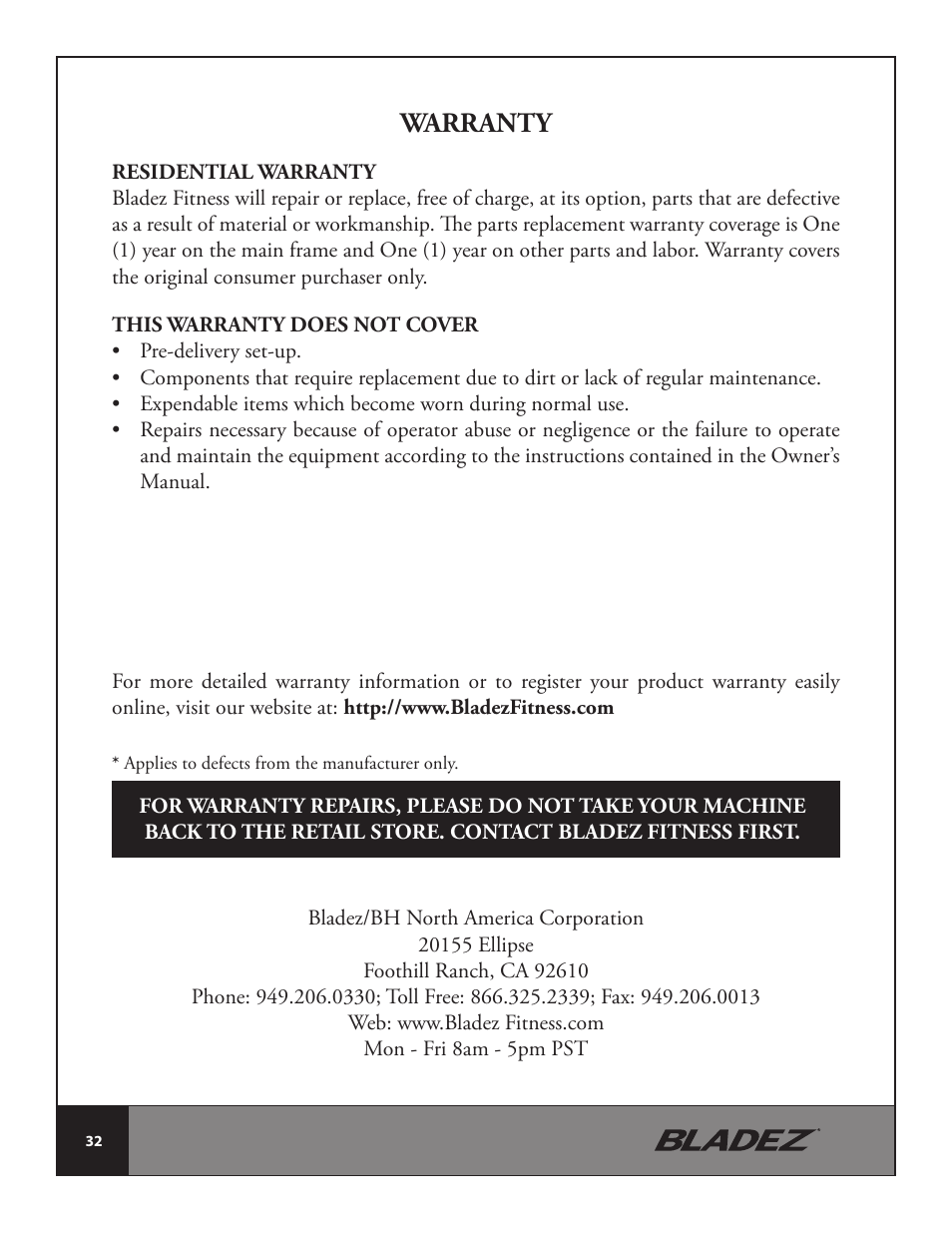 Warranty | Bladez Fitness Transom Rower User Manual | Page 32 / 32