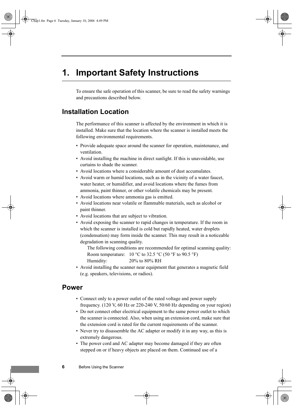 Important safety instructions, Installation location power, Installation location | Power | Canon DR-1210C User Manual | Page 10 / 98