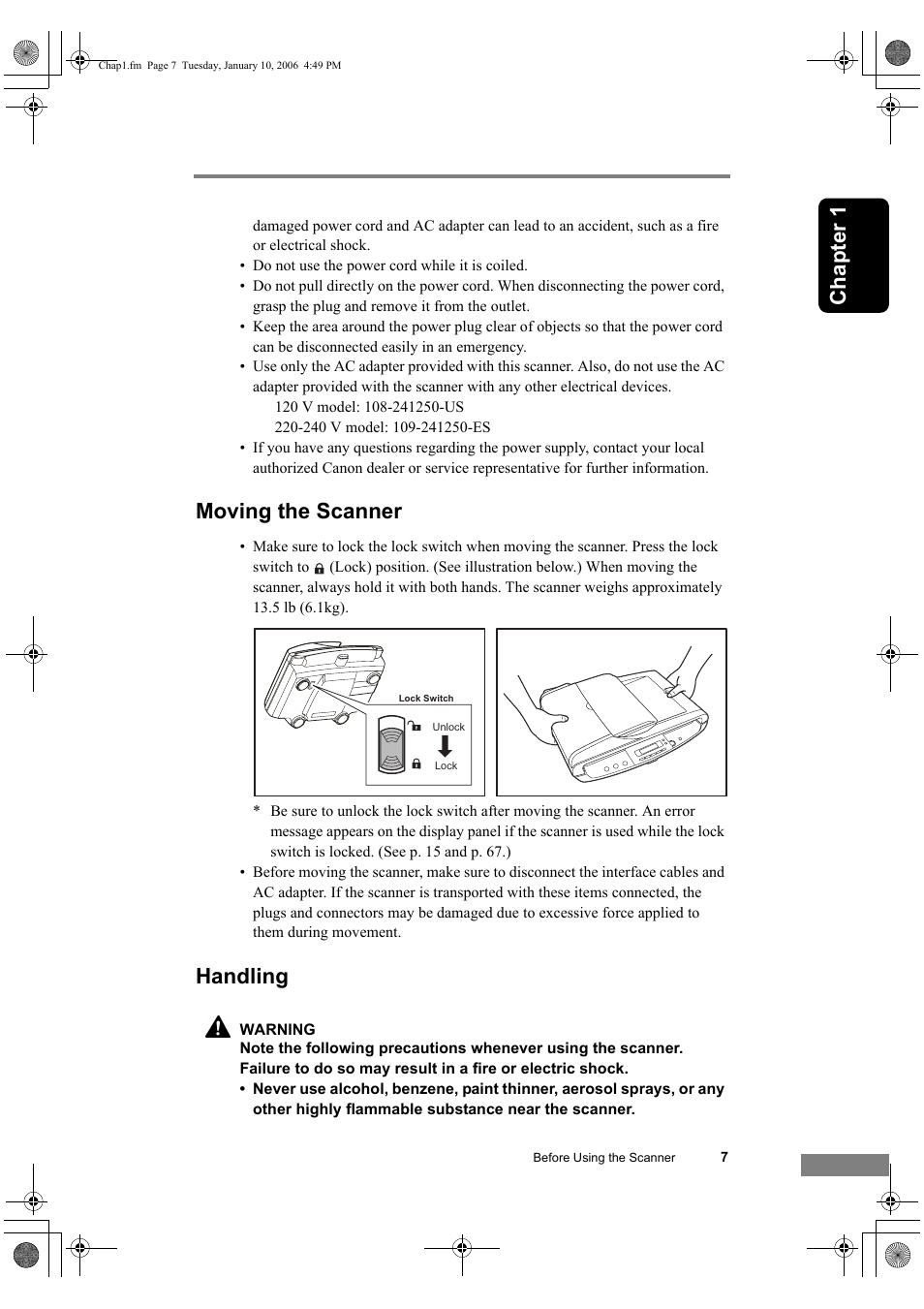 Moving the scanner handling, Chapt er 1, Moving the scanner | Handling | Canon DR-1210C User Manual | Page 11 / 98