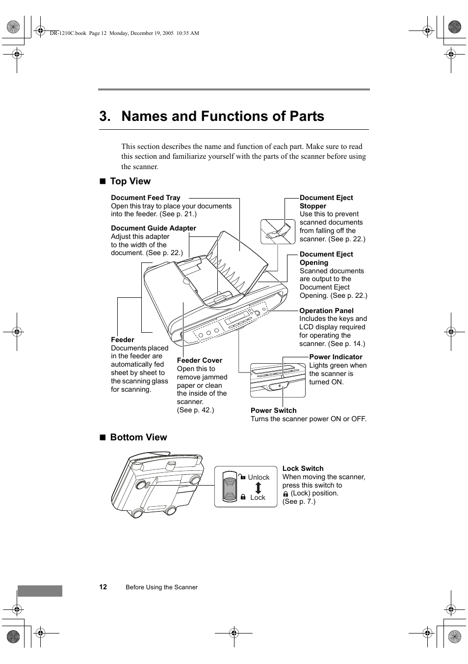 Names and functions of parts, Top view  bottom view | Canon DR-1210C User Manual | Page 16 / 98