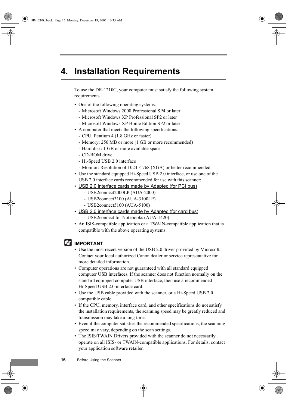 Installation requirements | Canon DR-1210C User Manual | Page 20 / 98