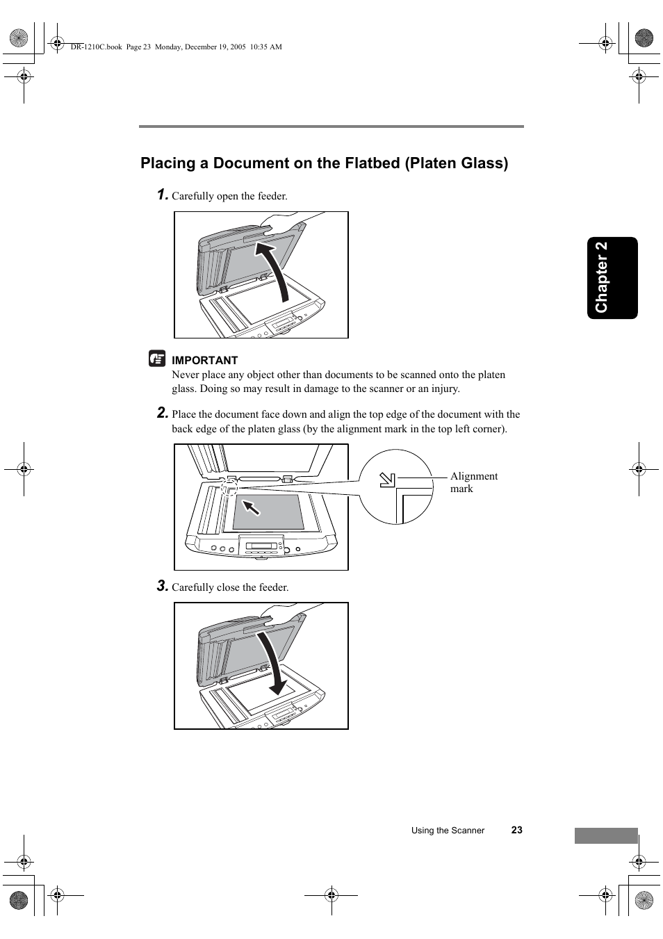 Placing a document on the flatbed (platen glass) | Canon DR-1210C User Manual | Page 27 / 98