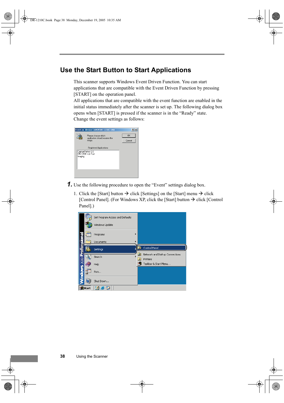 Use the start button to start applications, See p. 38.), Use the start button to start applications . 38 | Canon DR-1210C User Manual | Page 42 / 98