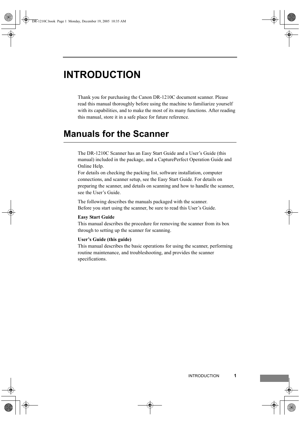 Introduction, Manuals for the scanner, Ch ap te r | Canon DR-1210C User Manual | Page 5 / 98