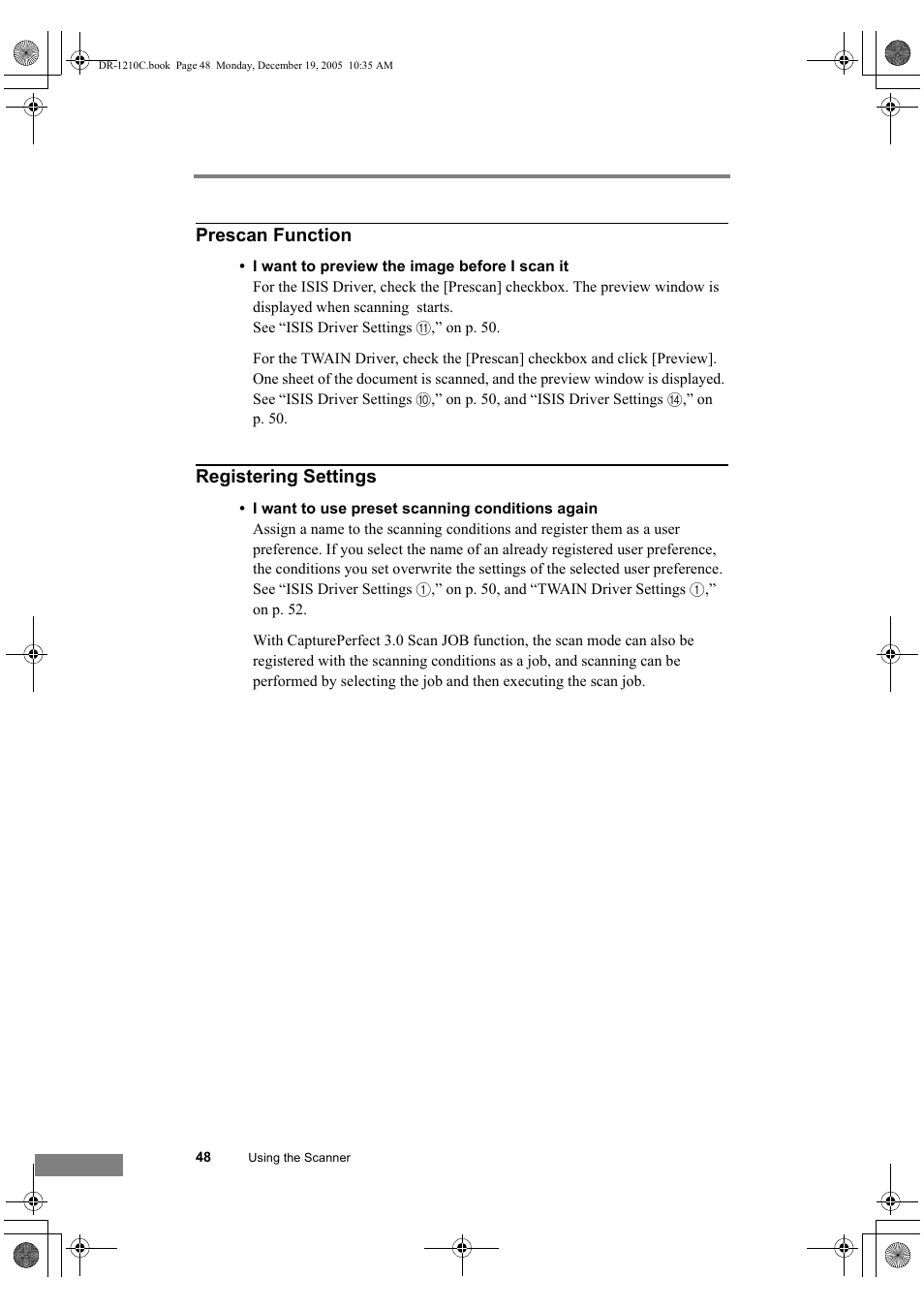 Prescan function, Registering settings | Canon DR-1210C User Manual | Page 52 / 98