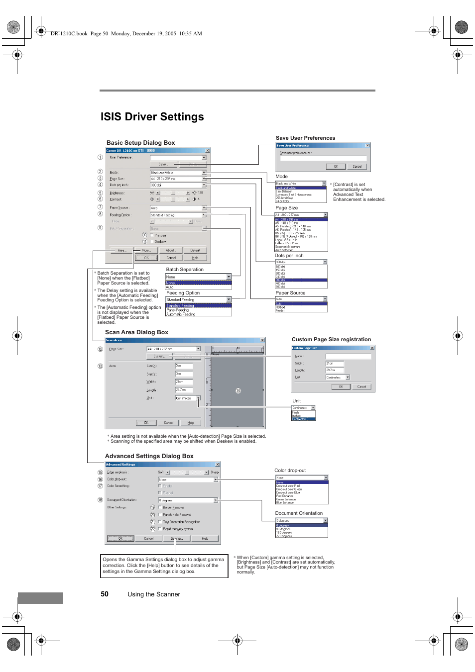 Isis driver settings, Ee “isis driver settings g,” on p. 50, and, Ee “isis driver settings c,” on p. 50, and | Ee “isis driver settings l,” on p. 50, and, Ee “isis driver settings m,” on p. 50, and, Ee “isis driver settings h,” on p. 50, and, Ee “isis driver settings h,” on p. 50, an, Isis driver settings i,” on p. 50, Ee “isis driver settings b,” on p. 50, and, Ee “isis driver settings q,” on p. 50, and | Canon DR-1210C User Manual | Page 54 / 98