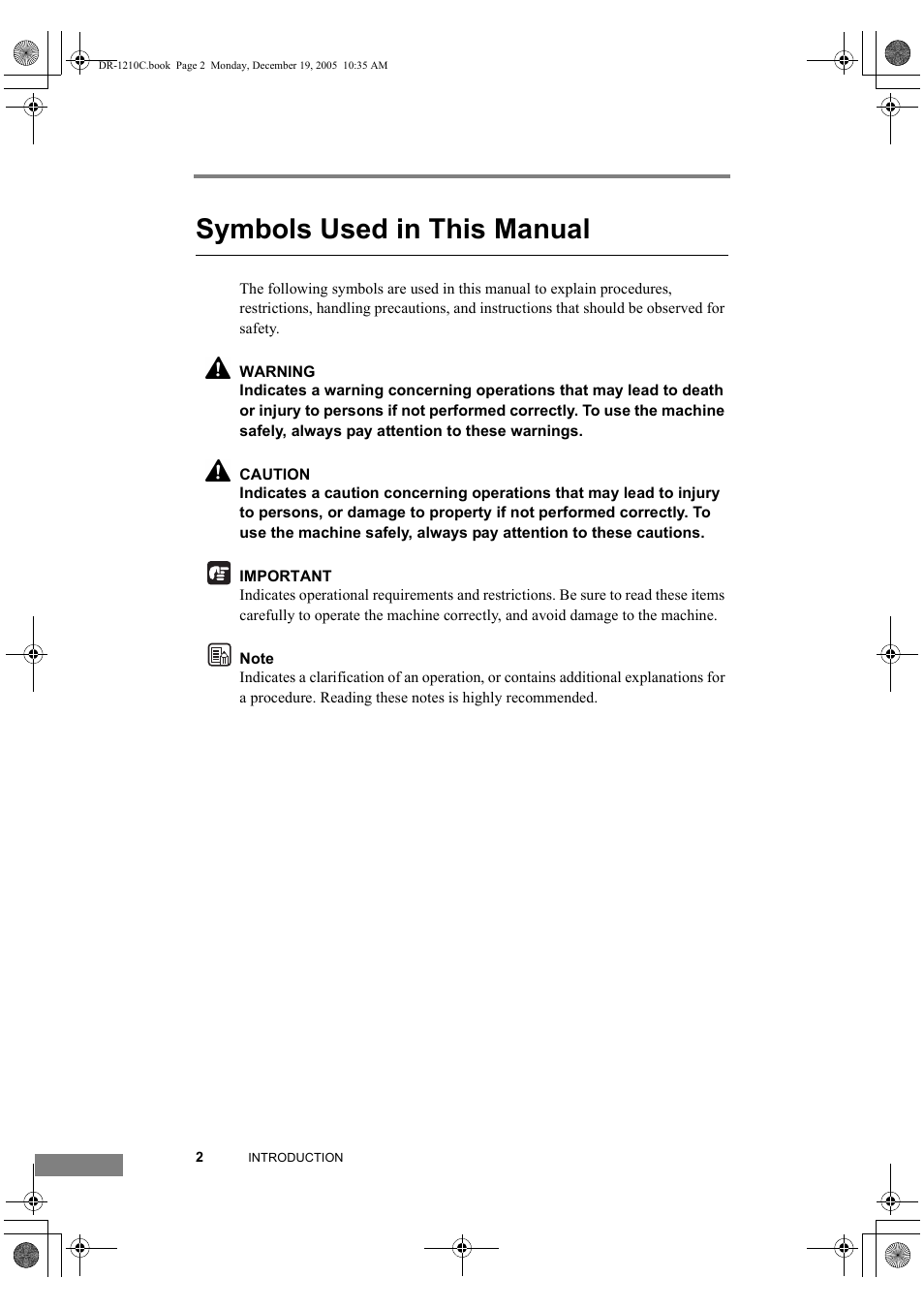 Symbols used in this manual | Canon DR-1210C User Manual | Page 6 / 98