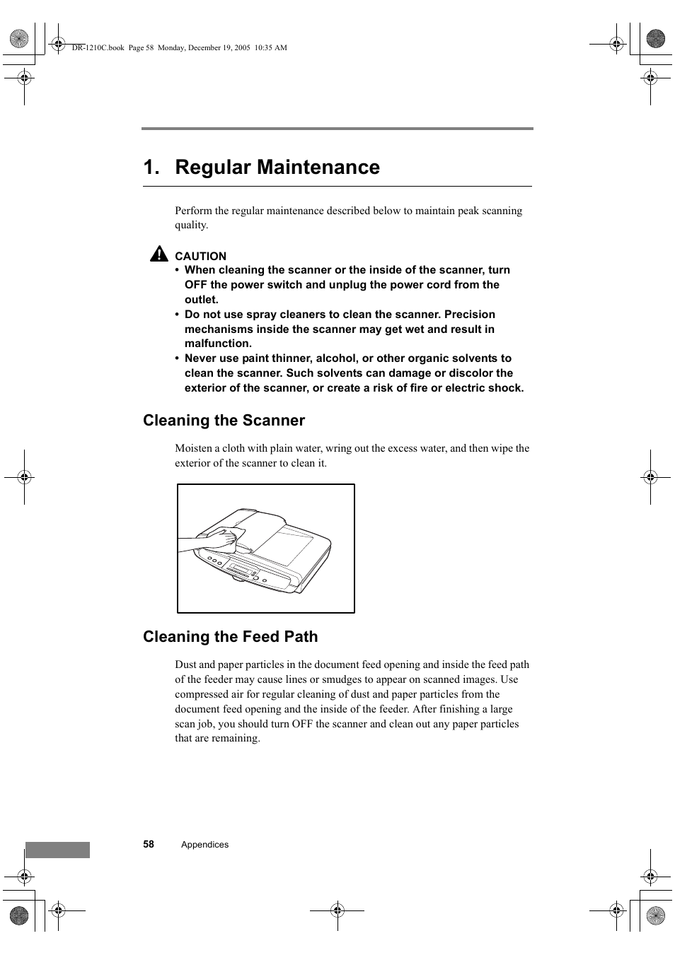 Regular maintenance, Cleaning the scanner cleaning the feed path, Cleaning the scanner | Cleaning the feed path | Canon DR-1210C User Manual | Page 62 / 98