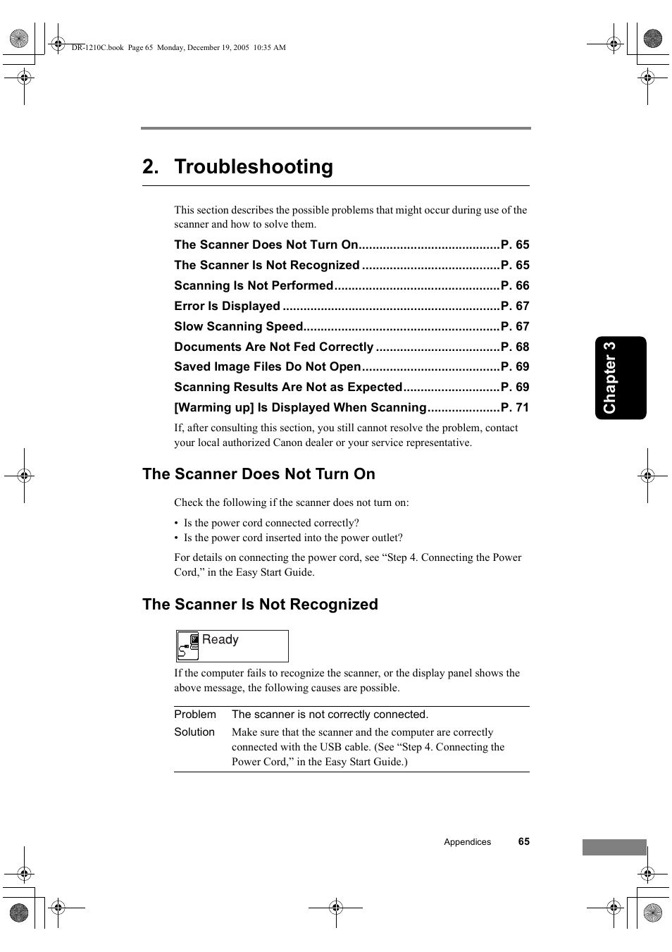 Troubleshooting, Ch ap te r 3, The scanner does not turn on | The scanner is not recognized | Canon DR-1210C User Manual | Page 69 / 98