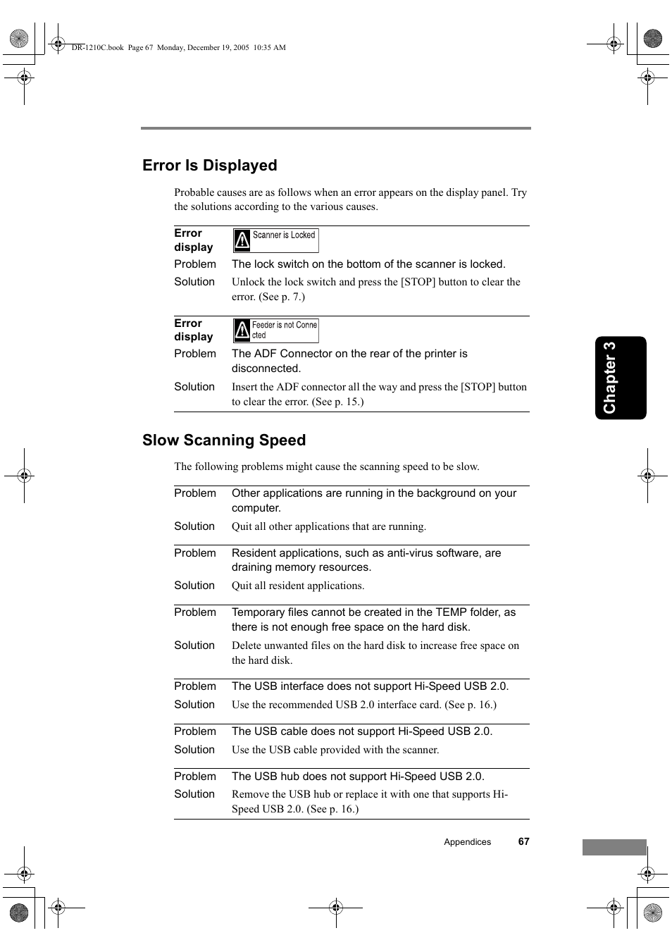 Error is displayed slow scanning speed, P. 67), And p. 67) | Ch ap te r 3 error is displayed, Slow scanning speed | Canon DR-1210C User Manual | Page 71 / 98