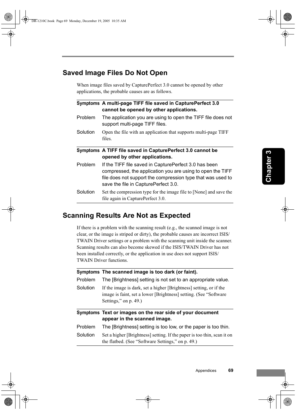 Ch ap te r 3 saved image files do not open, Scanning results are not as expected | Canon DR-1210C User Manual | Page 73 / 98