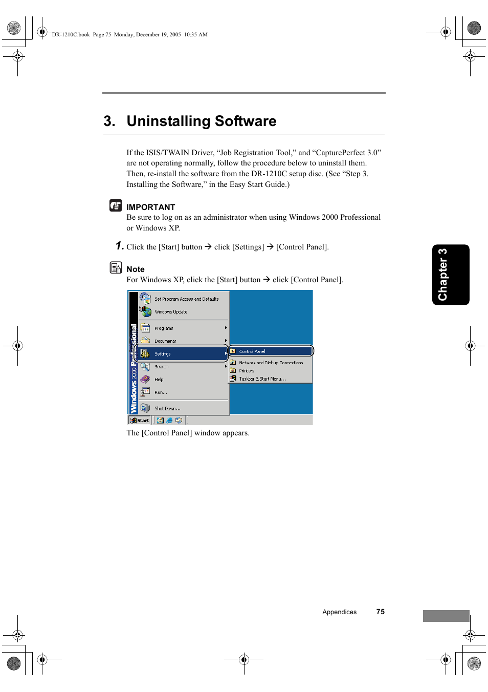 Uninstalling software, Ch ap te r 3 | Canon DR-1210C User Manual | Page 79 / 98