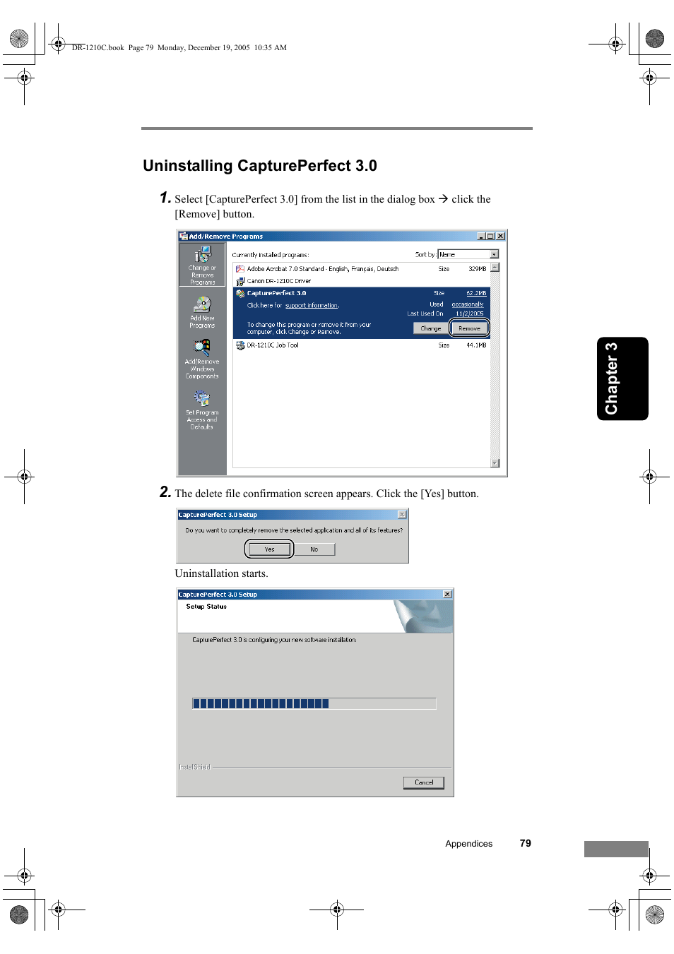 Uninstalling captureperfect 3.0, Ch ap te r 3 uninstalling captureperfect 3.0 1 | Canon DR-1210C User Manual | Page 83 / 98