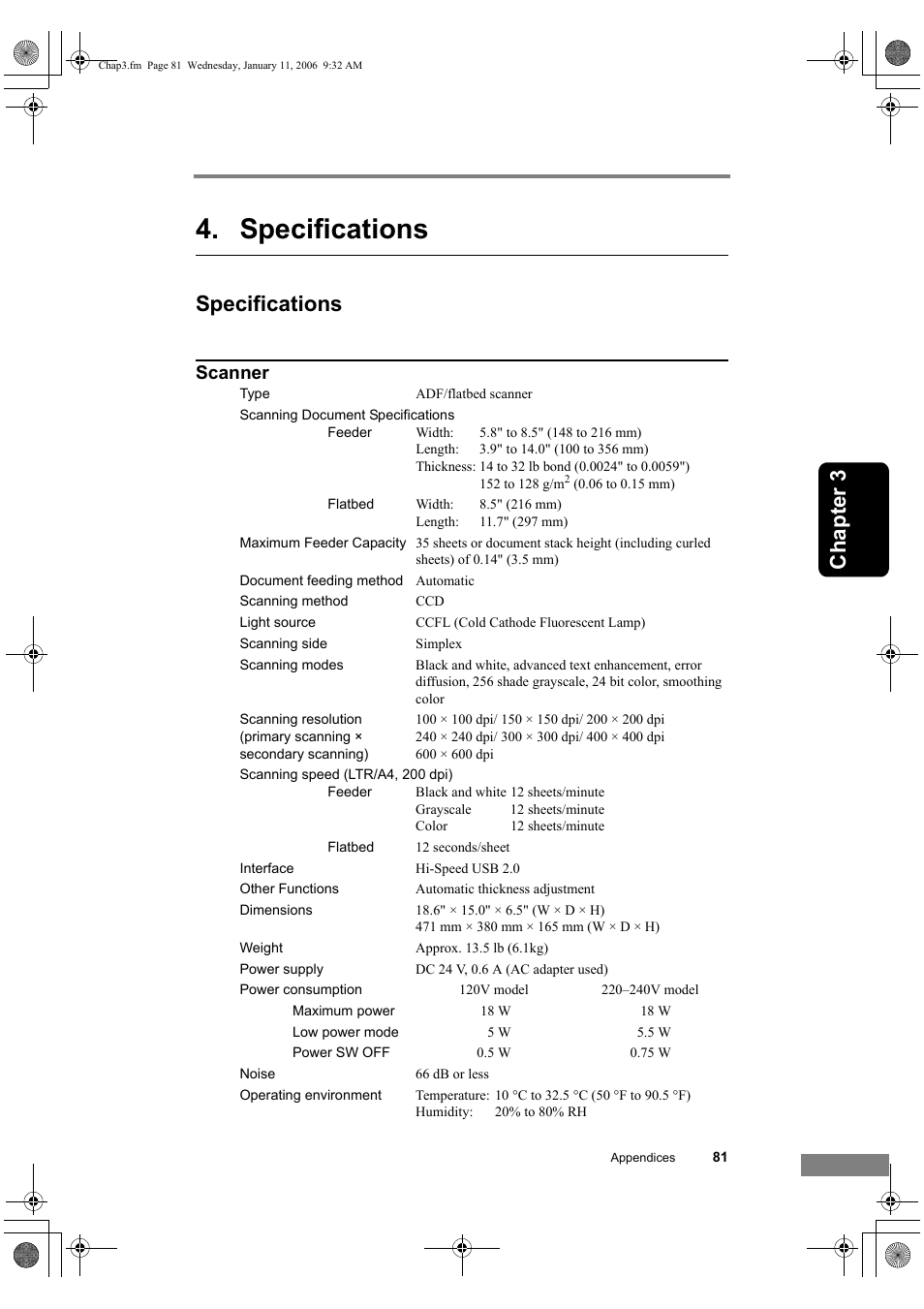 Specifications, Ch ap ter 3, Scanner | Canon DR-1210C User Manual | Page 85 / 98