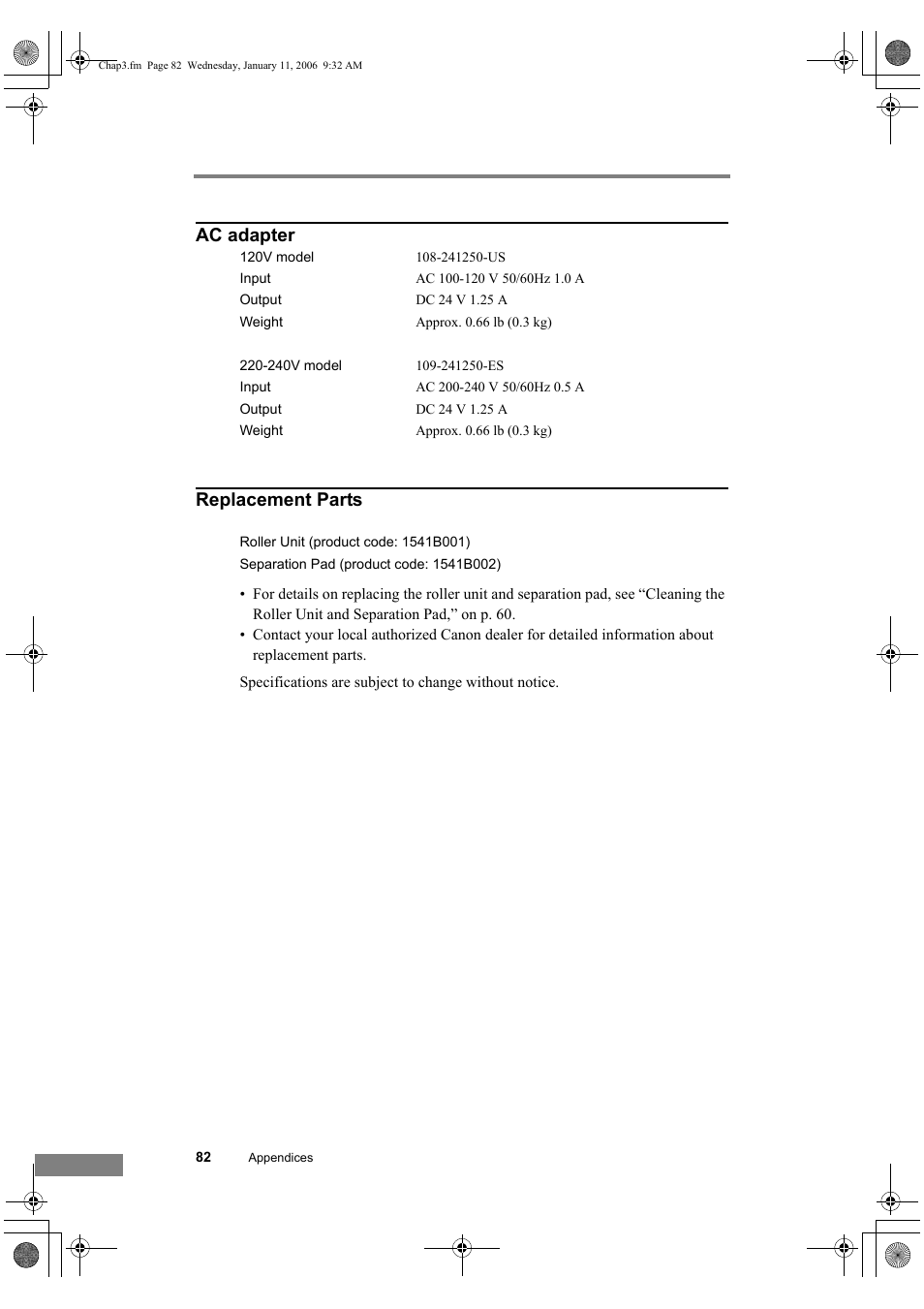 Ac adapter replacement parts | Canon DR-1210C User Manual | Page 86 / 98