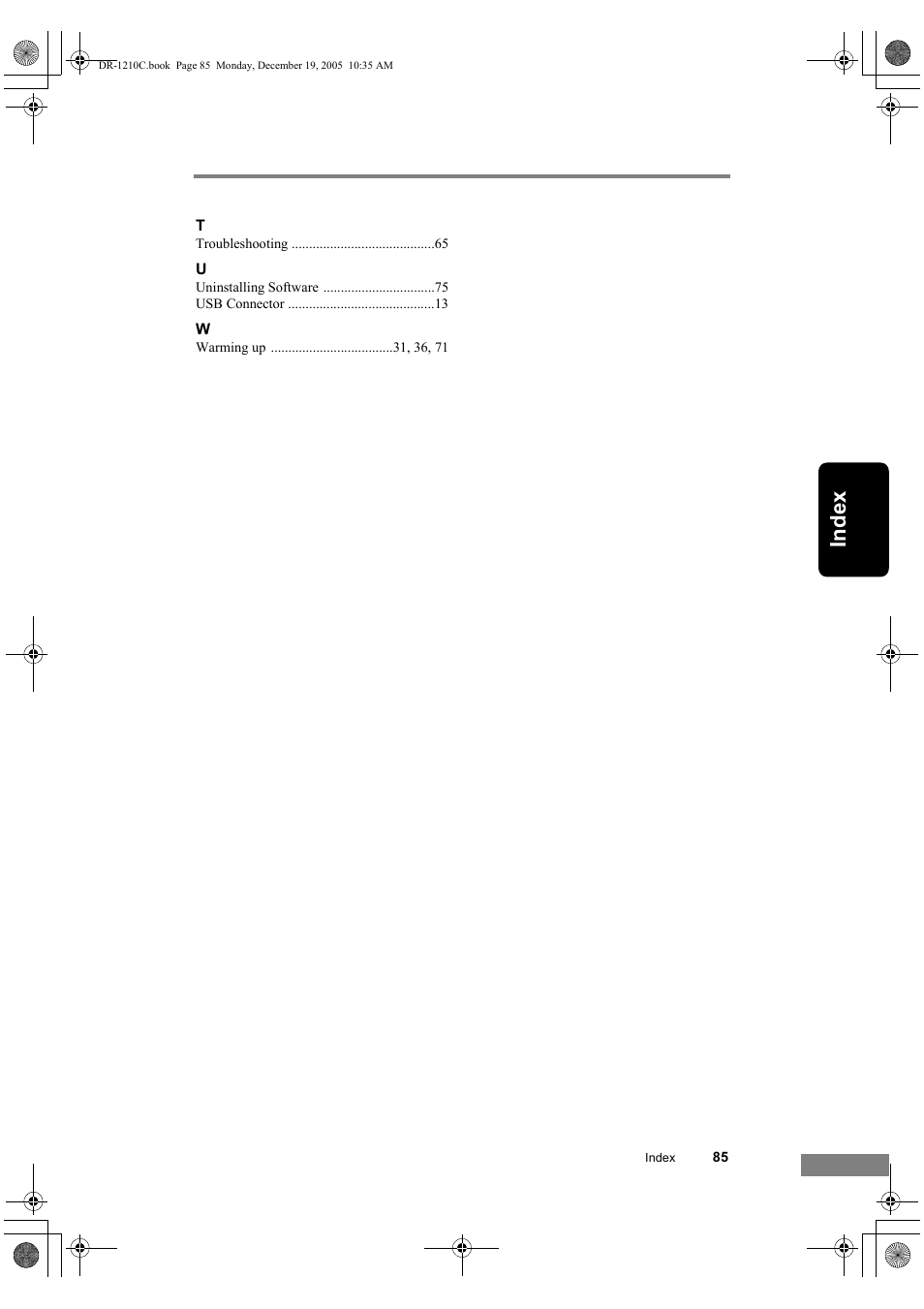 Ind ex | Canon DR-1210C User Manual | Page 89 / 98